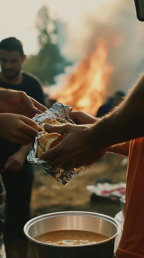 Volunteers distributing food near a large fire. Community support and aid in action.